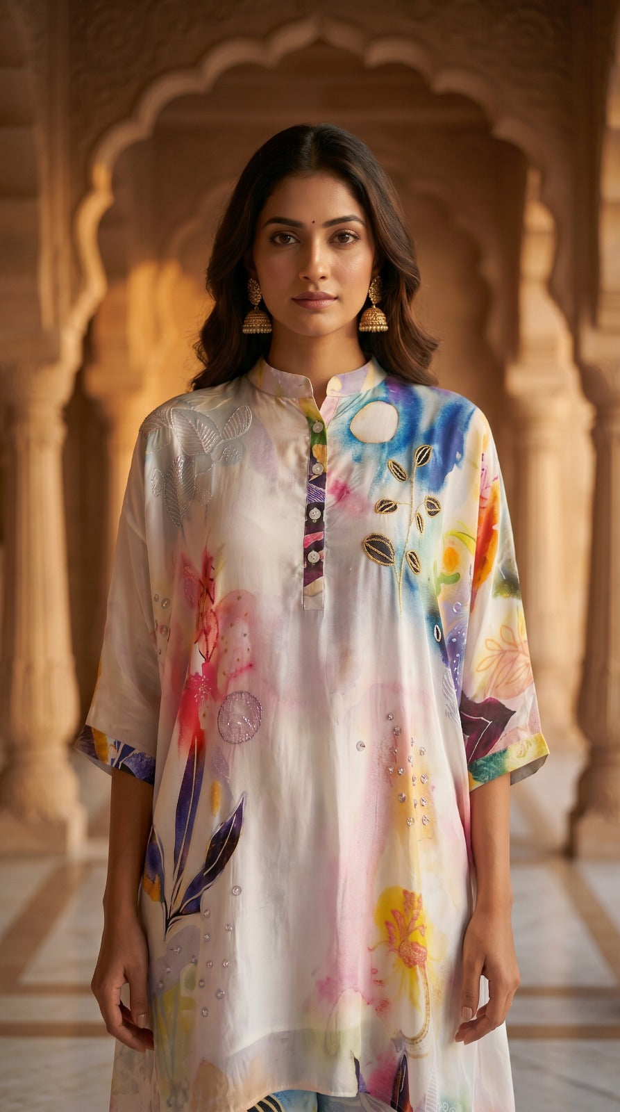 Multicolour Abstract Crepe Silk Kurta Set with Handwork