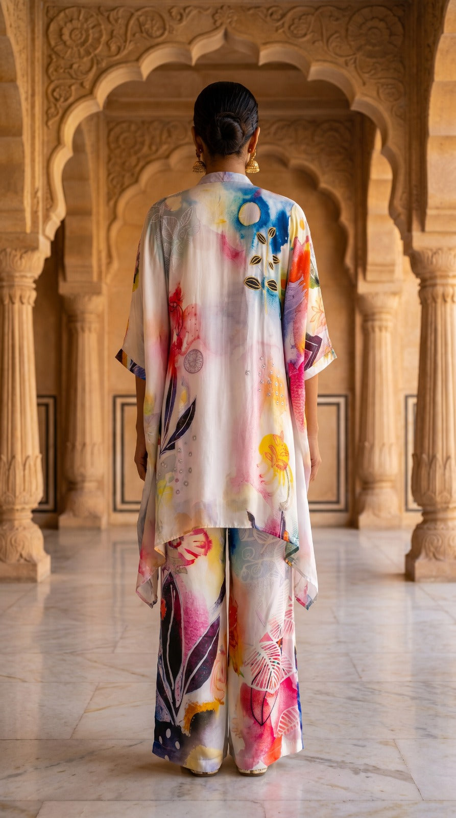 Multicolour Abstract Crepe Silk Kurta Set with Handwork