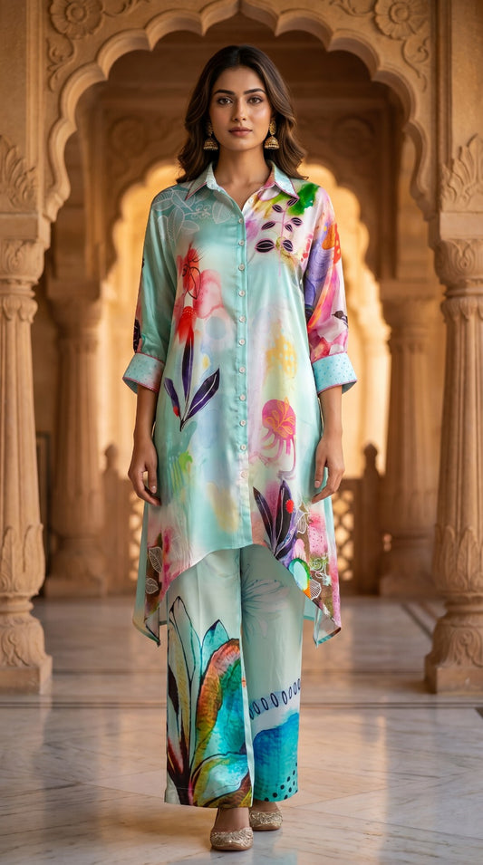 Mint Bloom Premium Crepe Silk Co-ord Set