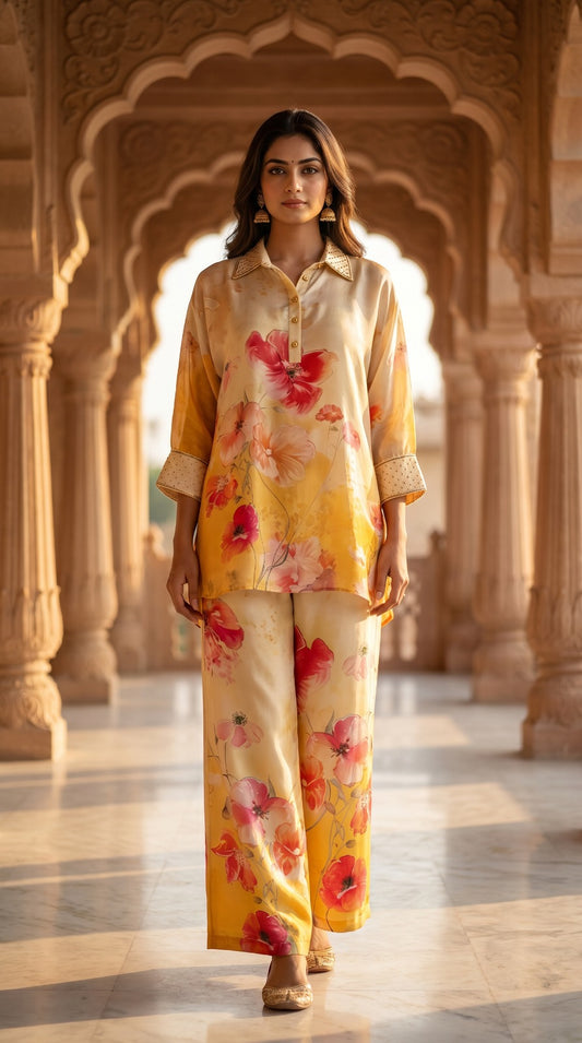 Coral Blossom Crepe Silk Co-Ord Set