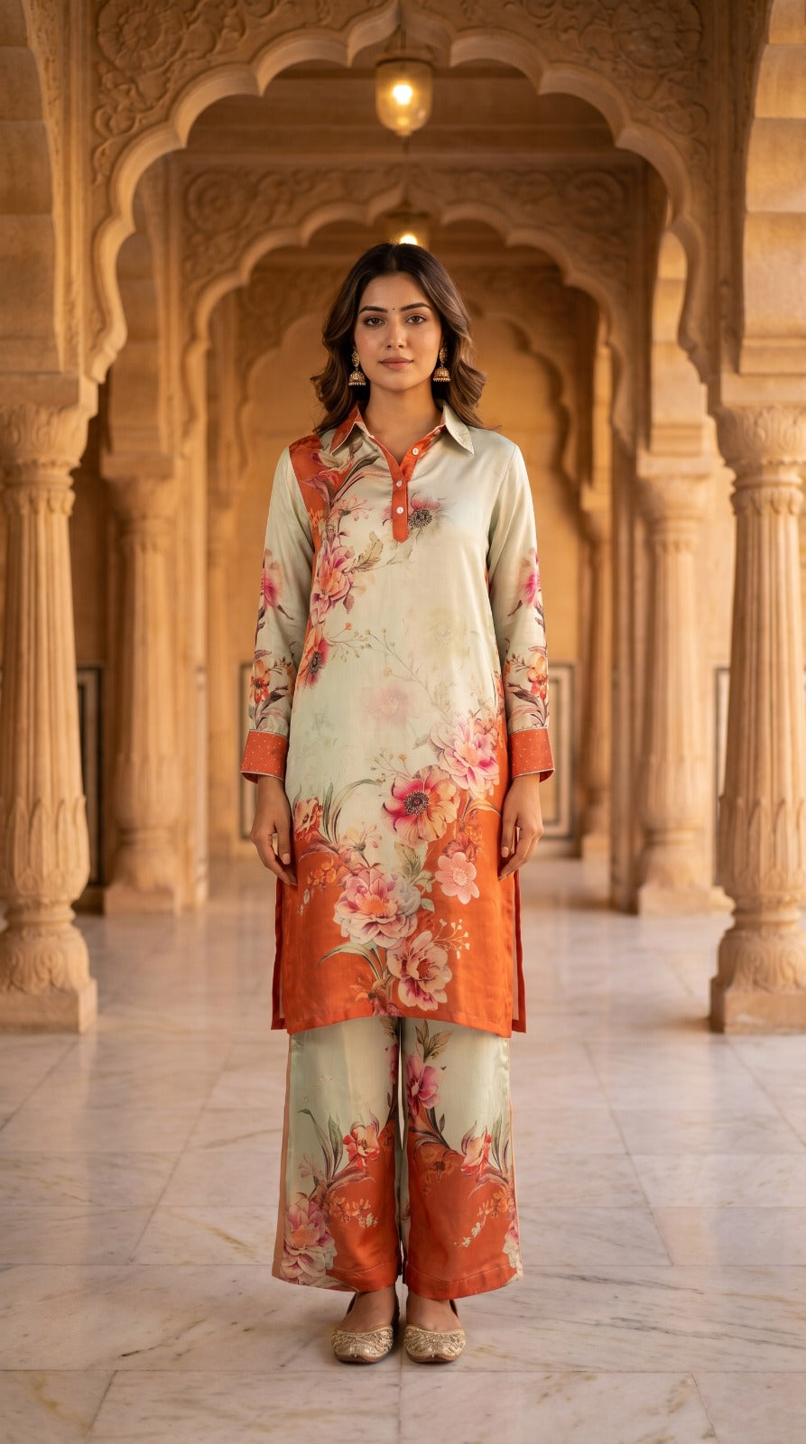 Ivory Rust Floral Kurta Set