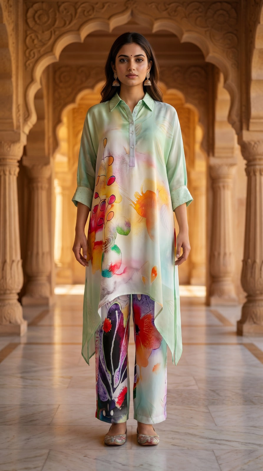 Mint Multicolour Abstract Crepe Silk Tunic Set