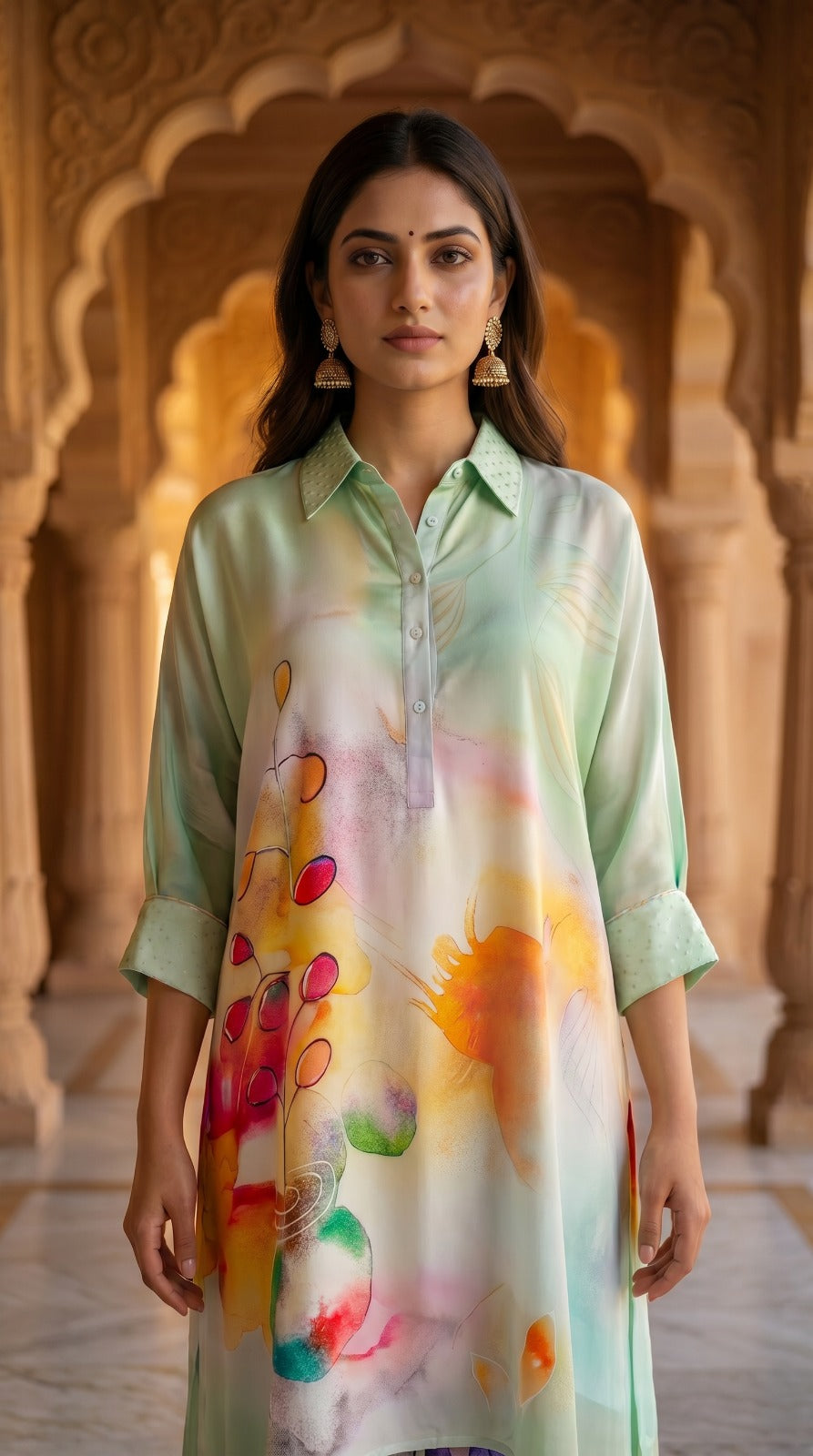 Mint Multicolour Abstract Crepe Silk Tunic Set