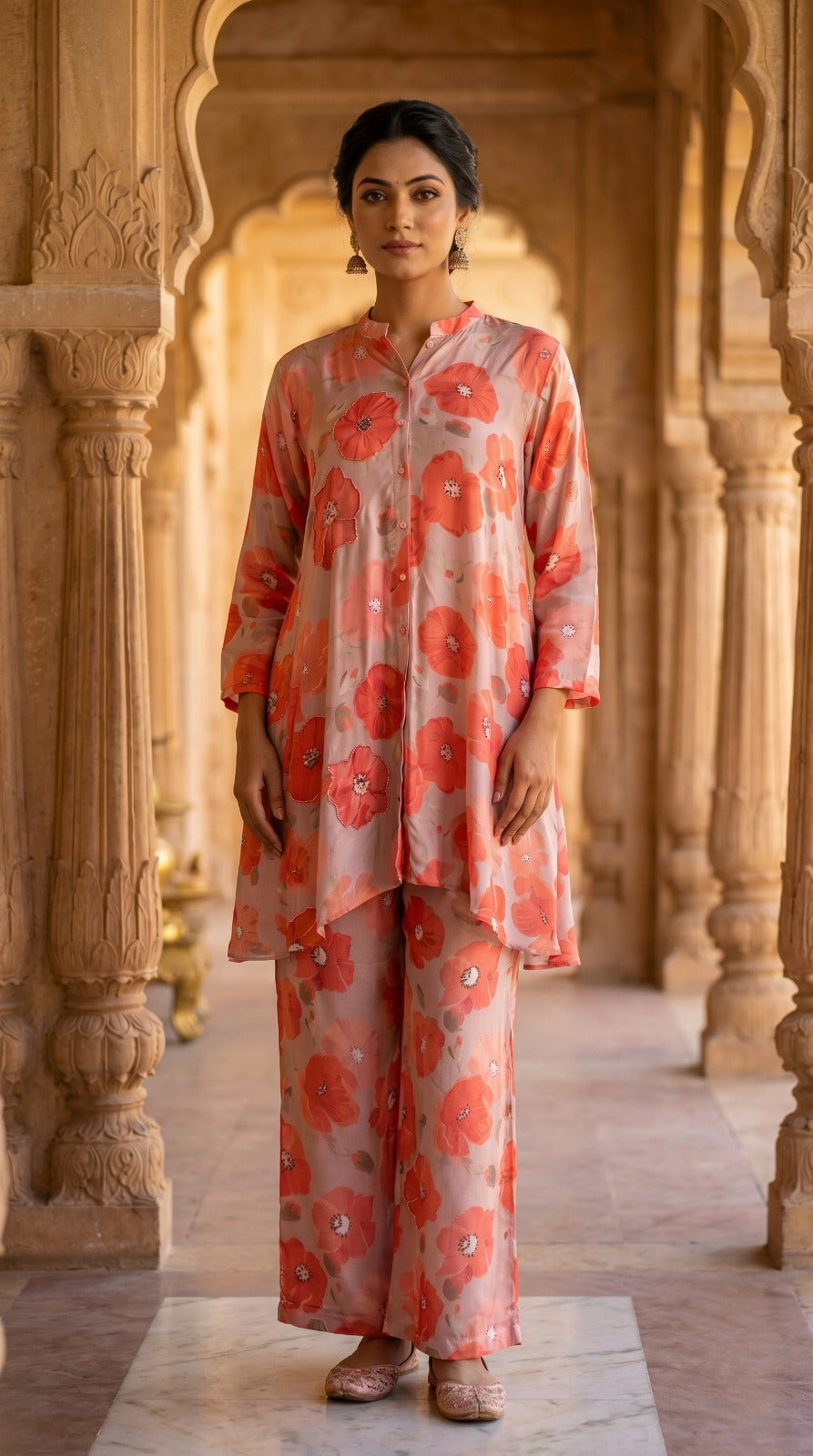 Coral Bloom Handcrafted Crepe Silk Co-ord Set