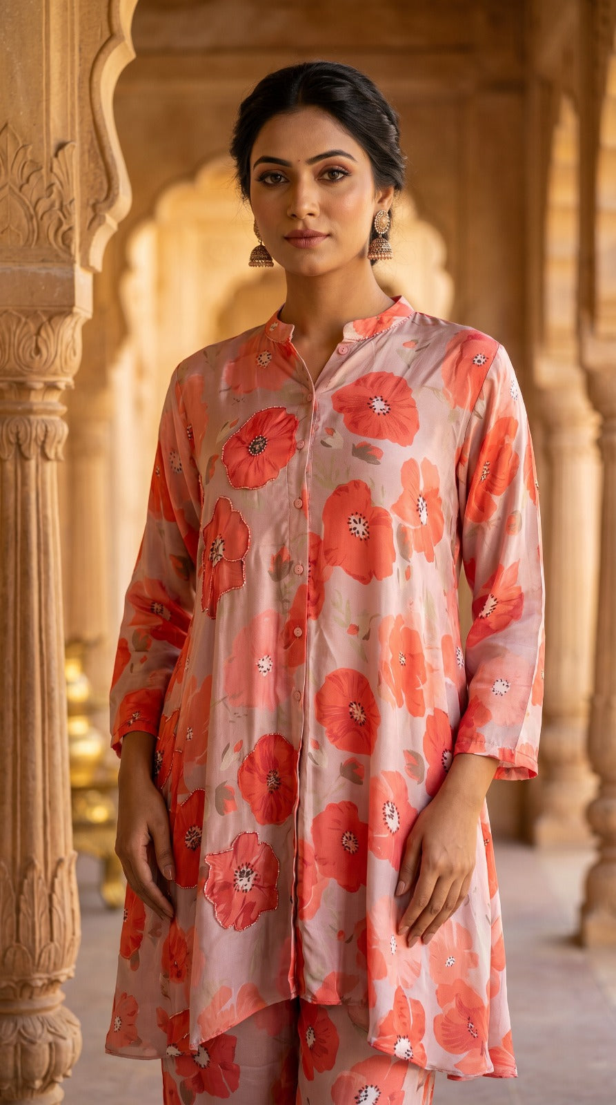 Coral Bloom Handcrafted Crepe Silk Co-ord Set