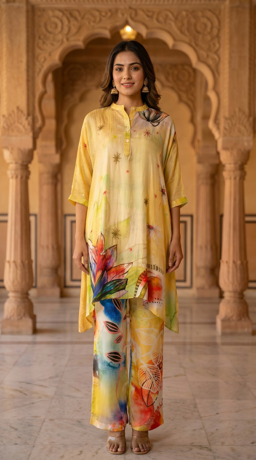 Golden Bloom Handcrafted Crepe Silk Co-Ord Set
