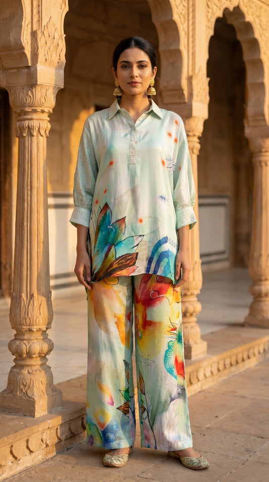 Botanical Aqua Premium Crepe Silk Co-ord Set
