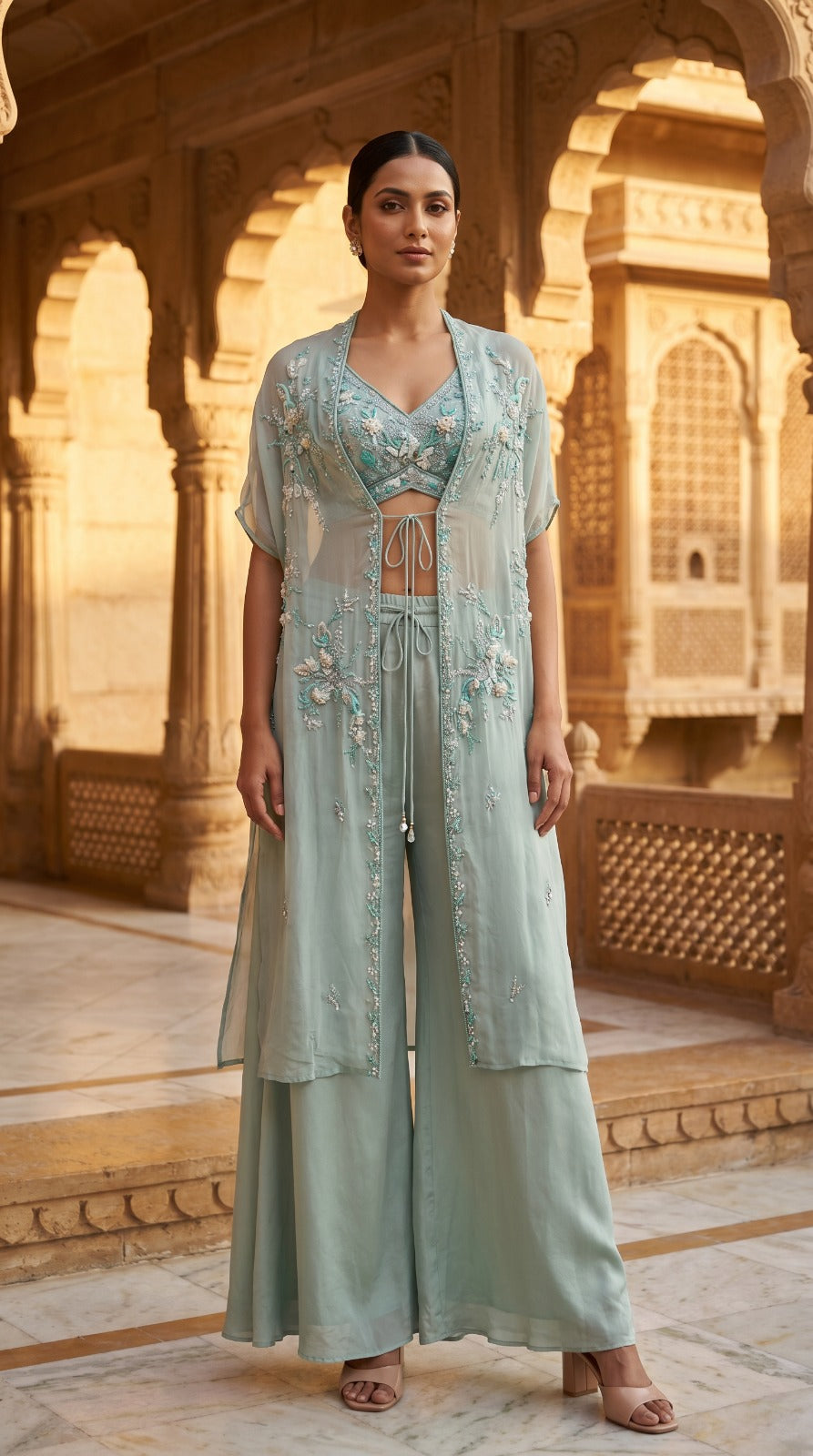 Seafoam Bloom Organza Cape Co-ord Set