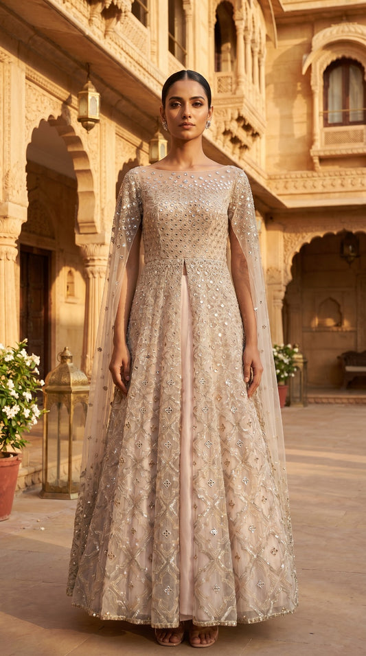 Champagne Mirror Work Cape Sleeve Gown