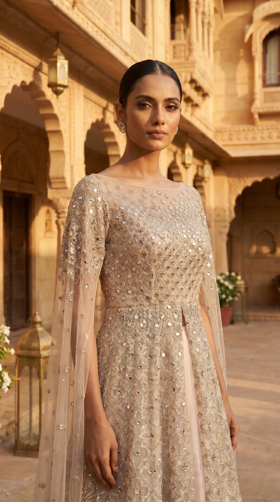 Champagne Mirror Work Cape Sleeve Gown