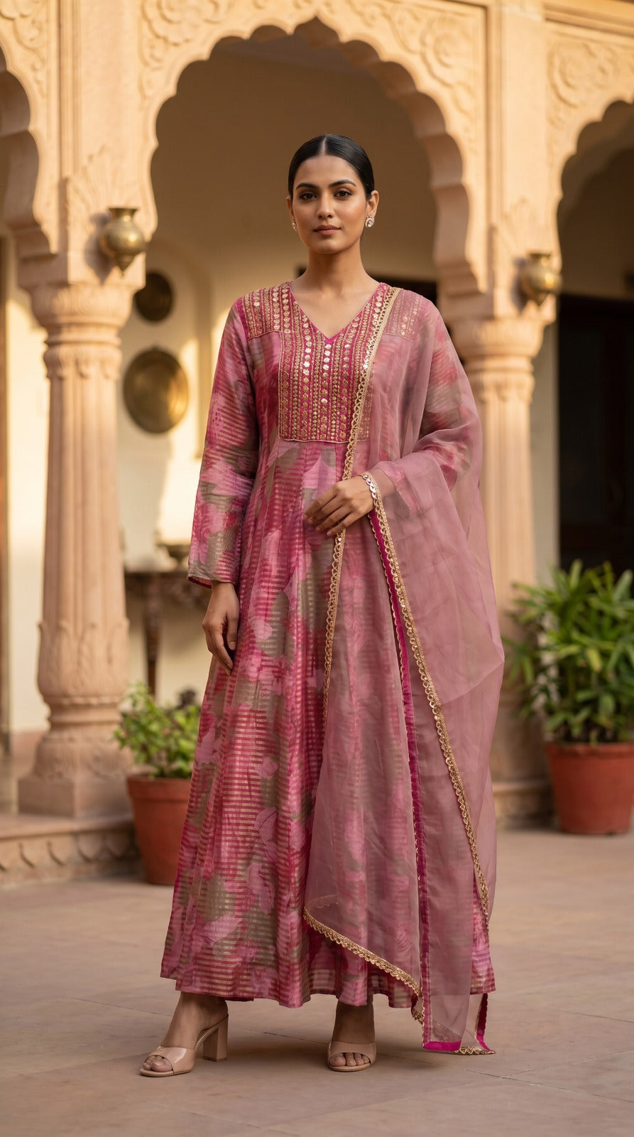 Champagne Tissue Silk Anarkali Set with Zari Weave