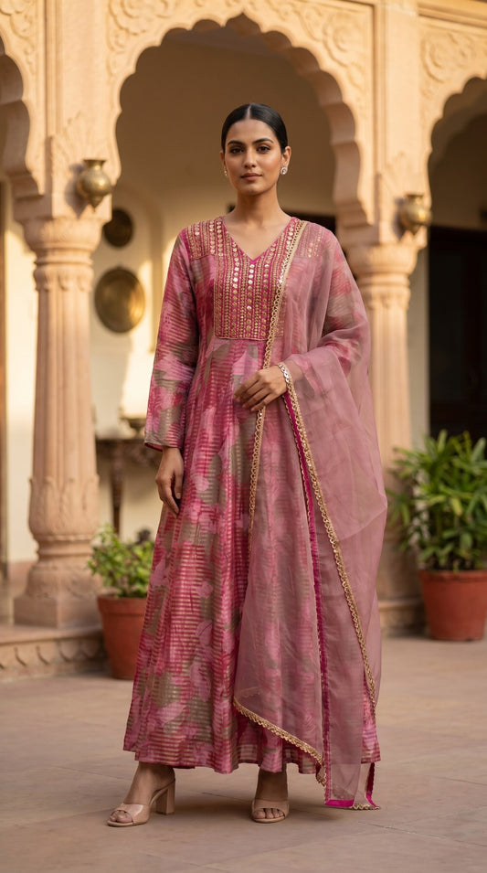 Champagne Tissue Silk Anarkali Set with Zari Weave