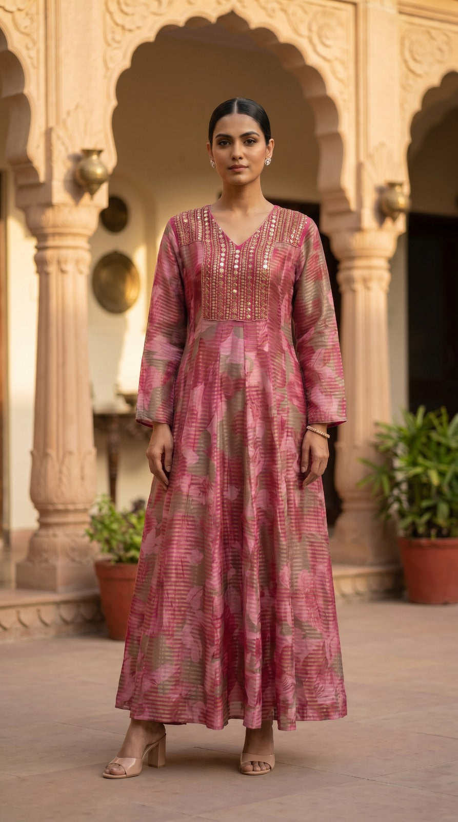 Champagne Tissue Silk Anarkali Set with Zari Weave