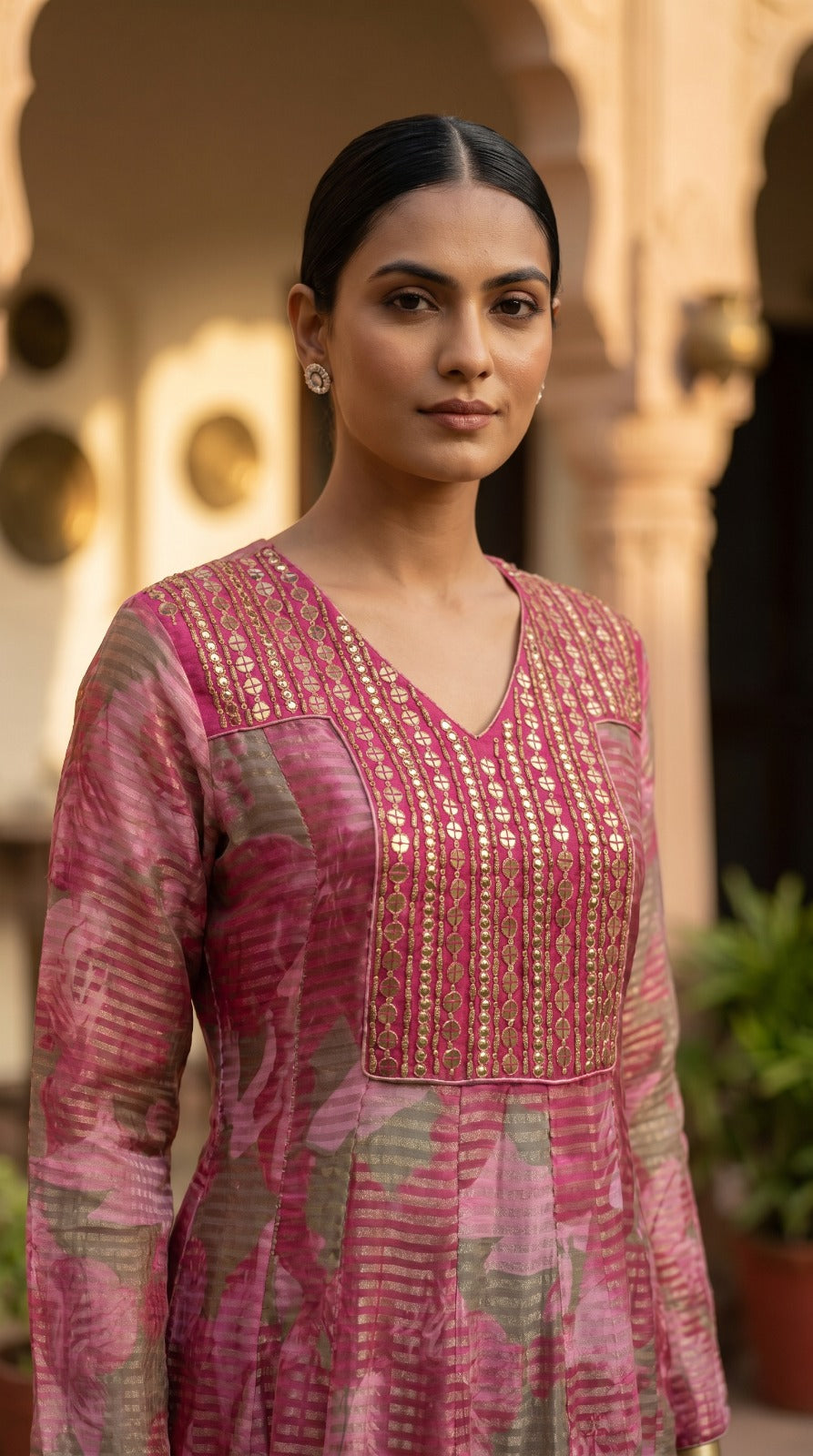 Champagne Tissue Silk Anarkali Set with Zari Weave