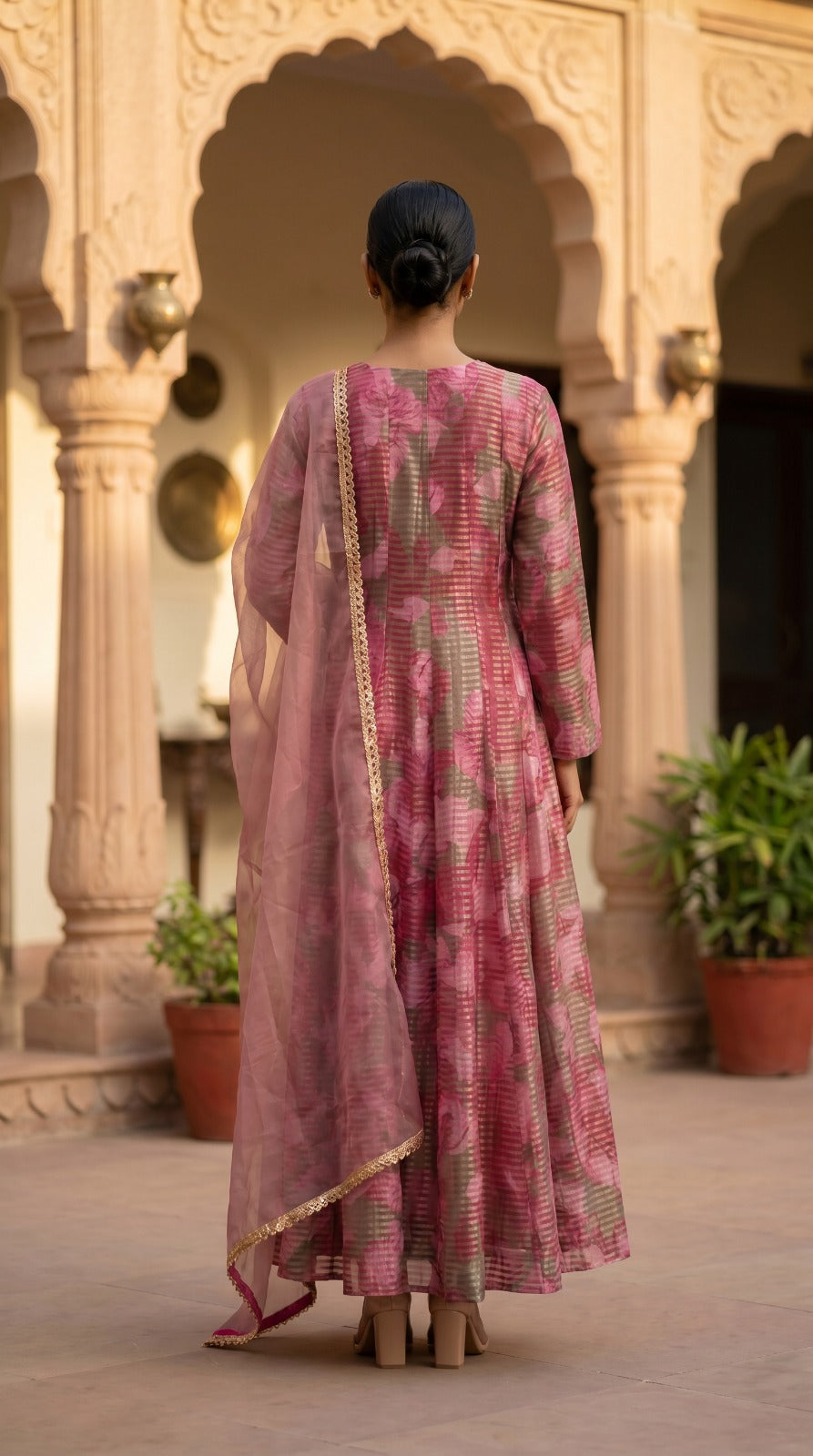 Champagne Tissue Silk Anarkali Set with Zari Weave