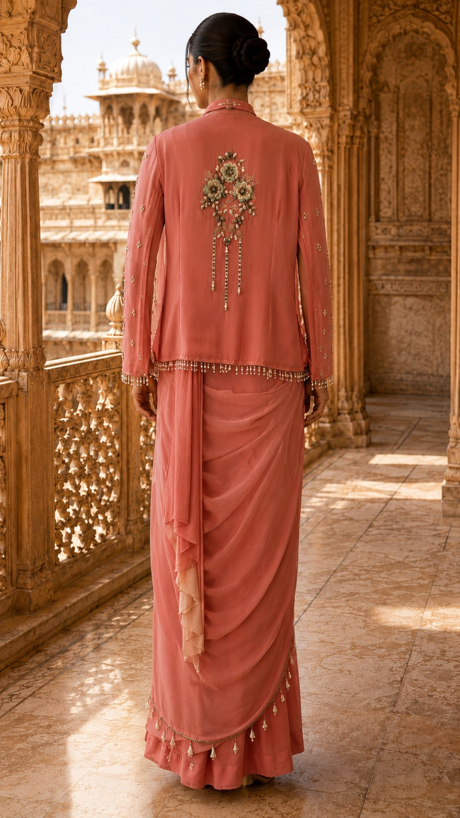 Blush Pink Pre-Draped Georgette Saree with Cape Jacket
