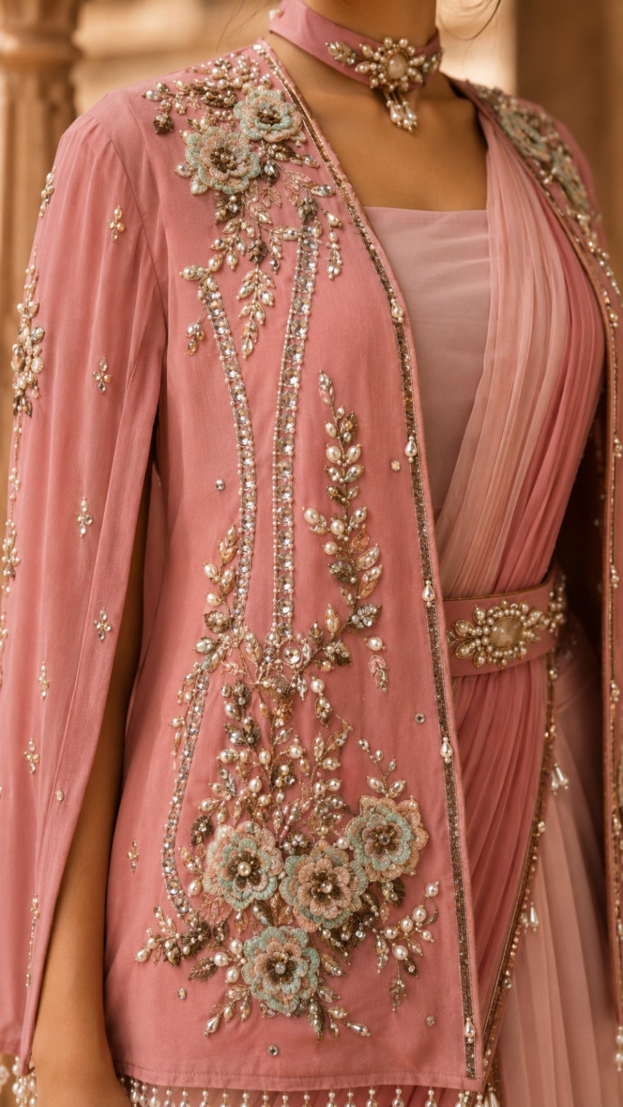 Blush Pink Pre-Draped Georgette Saree with Cape Jacket