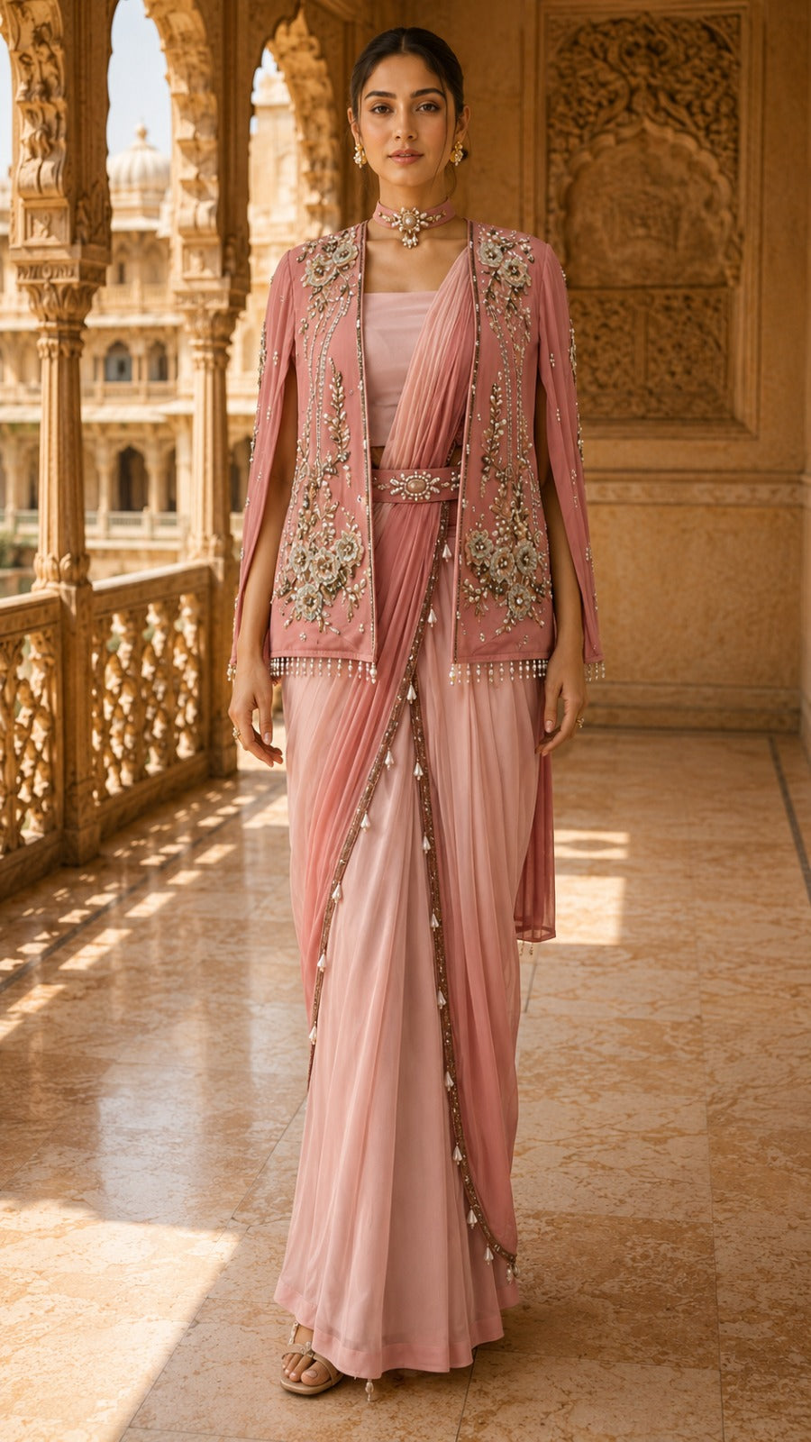 Blush Pink Pre-Draped Georgette Saree with Cape Jacket