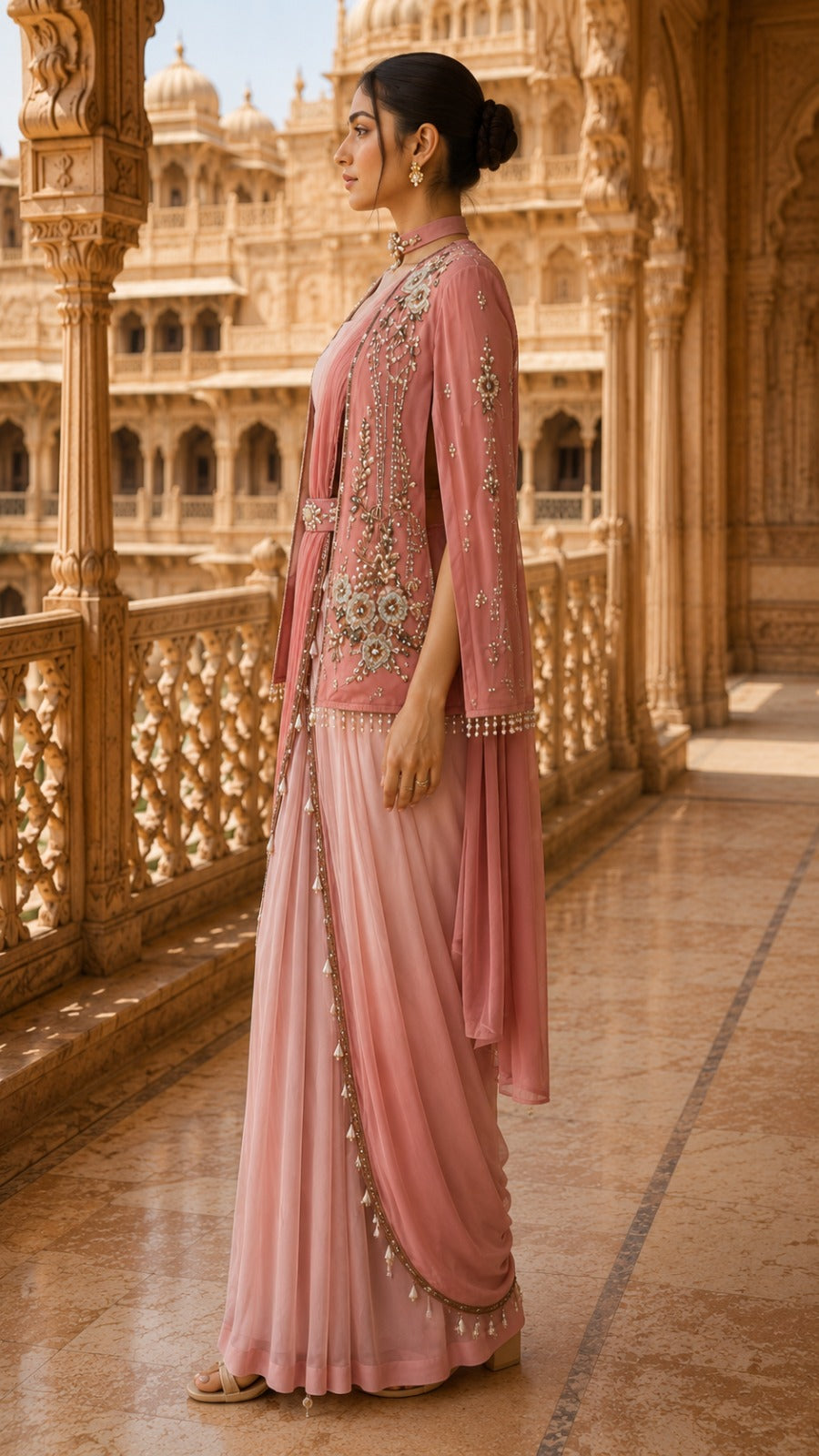 Blush Pink Pre-Draped Georgette Saree with Cape Jacket