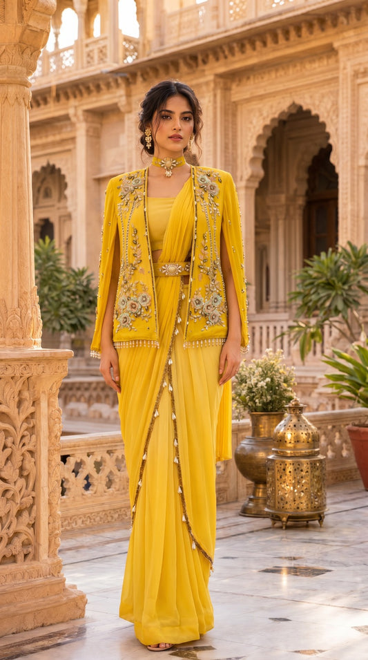 Sunshine Yellow Pre-Draped Georgette Saree with Cape Jacket
