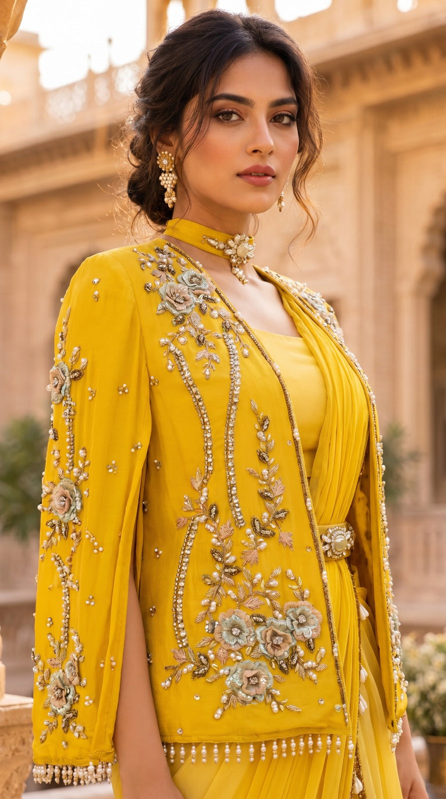 Sunshine Yellow Pre-Draped Georgette Saree with Cape Jacket