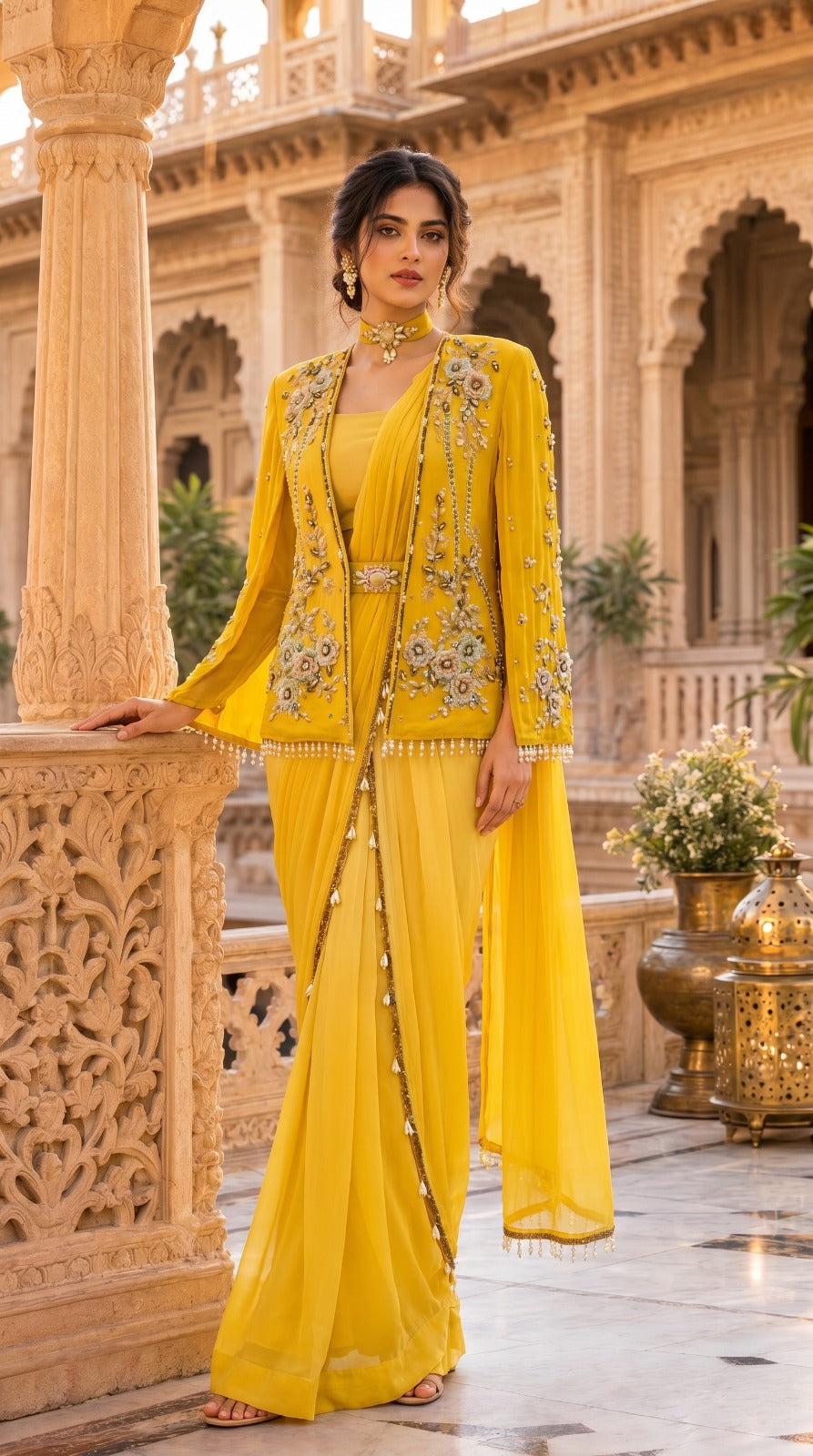 Sunshine Yellow Pre-Draped Georgette Saree with Cape Jacket