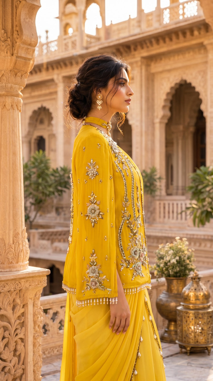 Sunshine Yellow Pre-Draped Georgette Saree with Cape Jacket