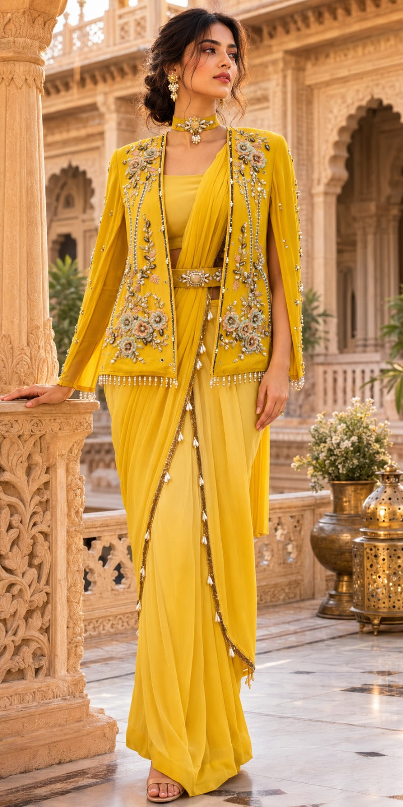 Sunshine Yellow Pre-Draped Georgette Saree with Cape Jacket