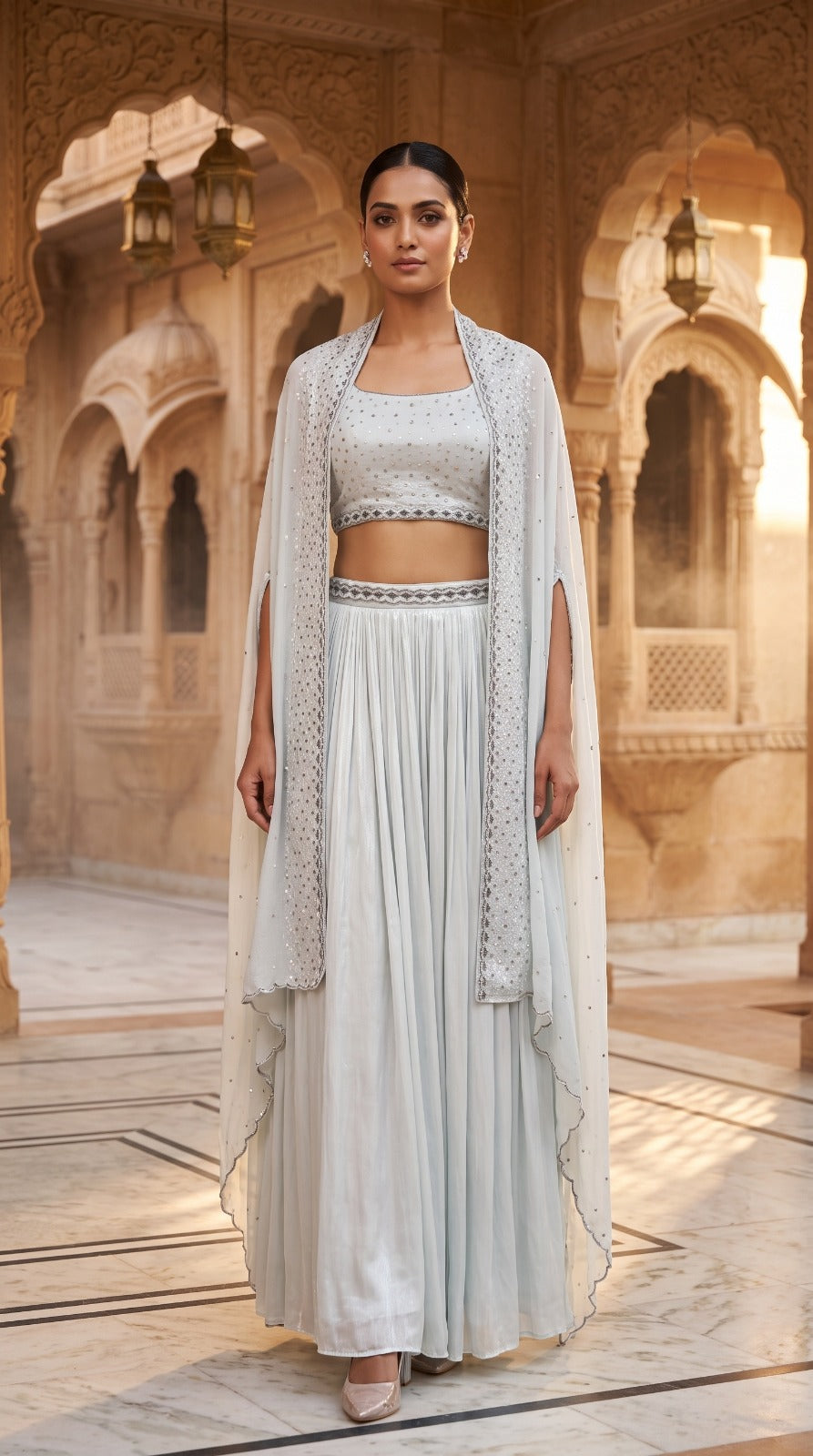 Ice Blue Chinon Chiffon Embellished Sleeveless Lehenga Set