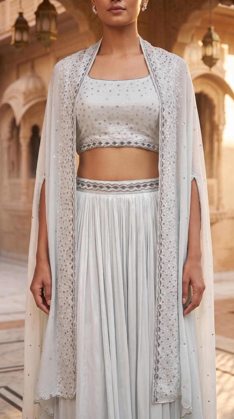 Ice Blue Chinon Chiffon Embellished Sleeveless Lehenga Set