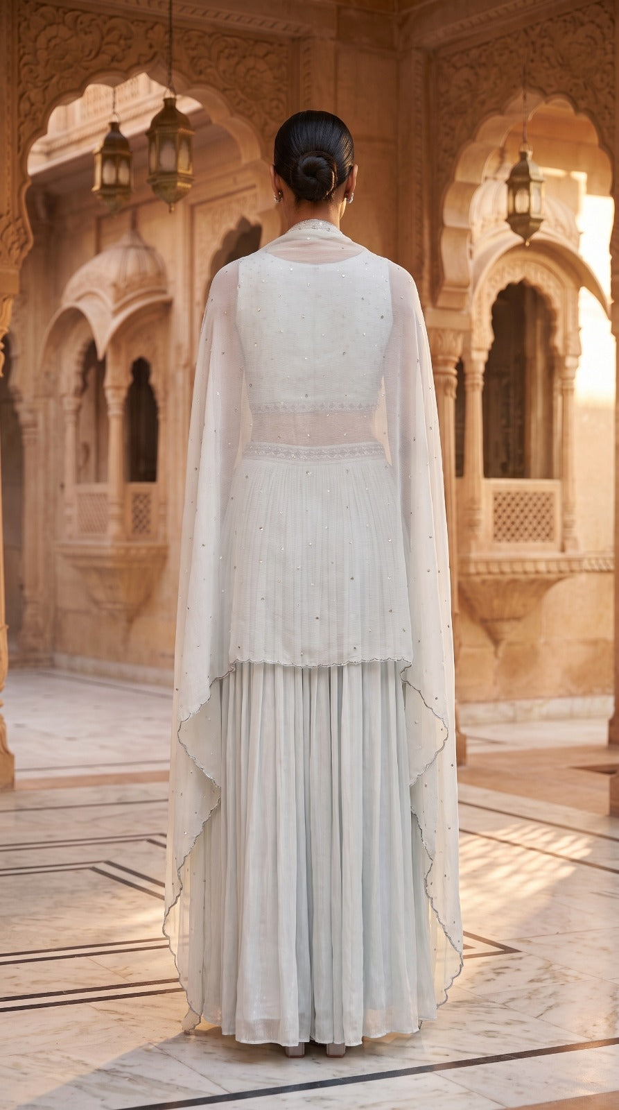 Ice Blue Chinon Chiffon Embellished Sleeveless Lehenga Set
