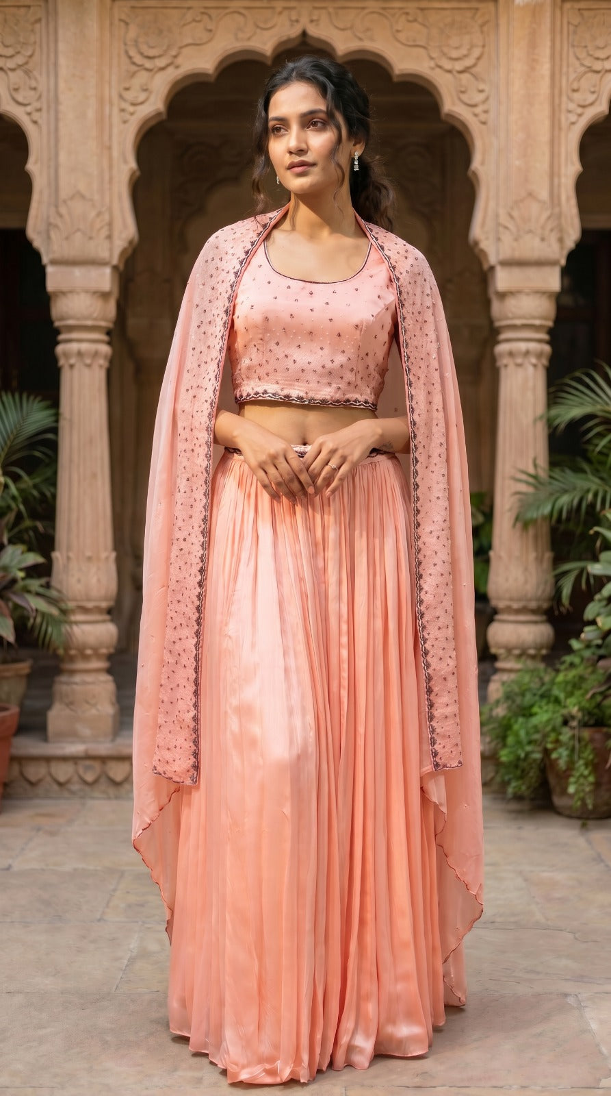 Soft Peach Chinon Chiffon Embellished Sleeveless Lehenga Set