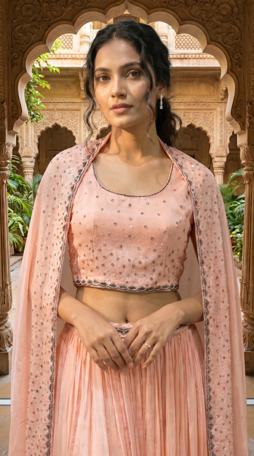Soft Peach Chinon Chiffon Embellished Sleeveless Lehenga Set