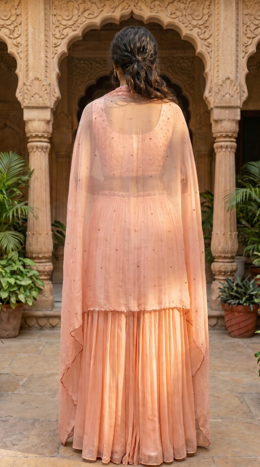 Soft Peach Chinon Chiffon Embellished Sleeveless Lehenga Set