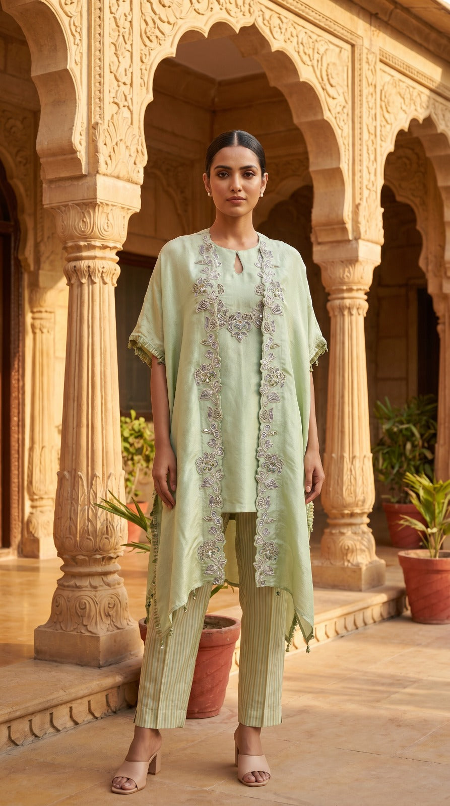 Mint Green Silk Tissue High-Low Kurta Co-ord Set
