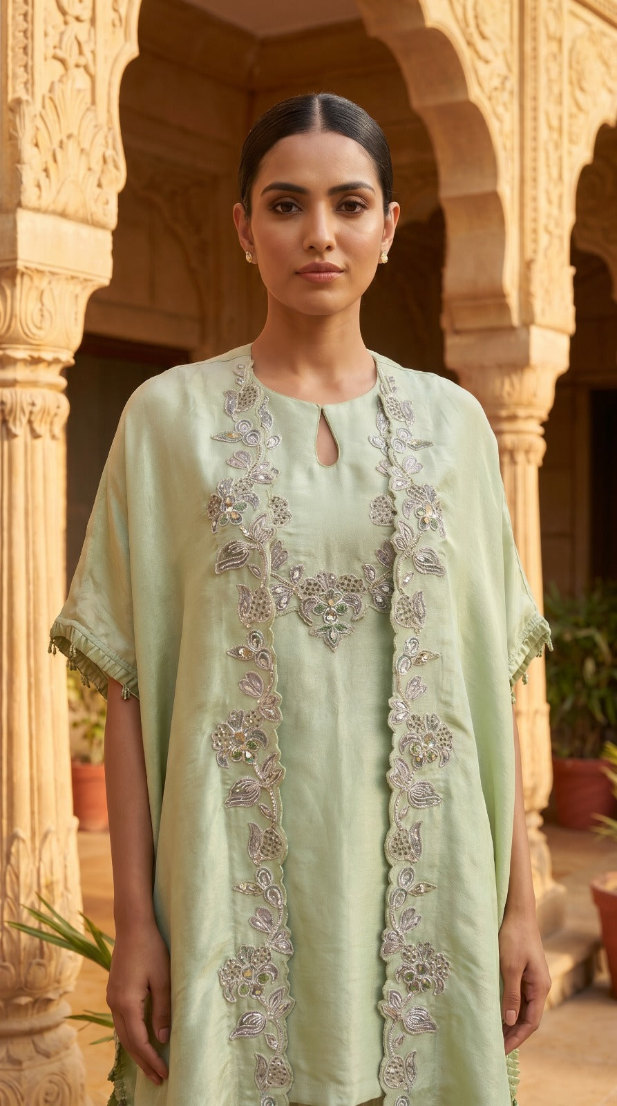 Mint Green Silk Tissue High-Low Kurta Co-ord Set