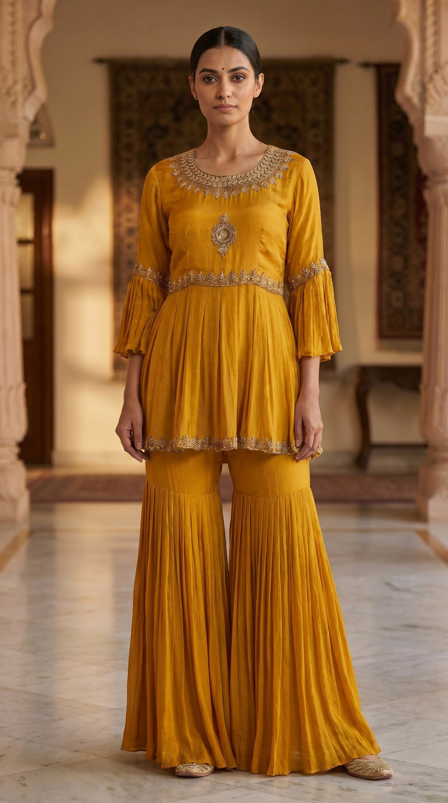 Mustard Chinon Chiffon Peplum Sharara Set