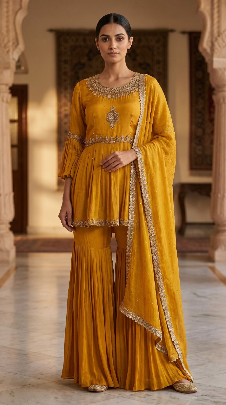 Mustard Chinon Chiffon Peplum Sharara Set