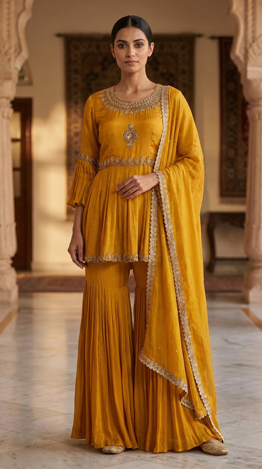 Mustard Chinon Chiffon Peplum Sharara Set