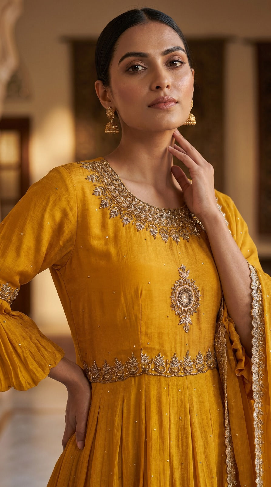 Mustard Chinon Chiffon Peplum Sharara Set
