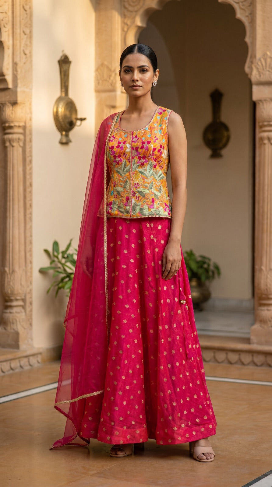 Pink Jacquard Silk Floral Embroidered Lehenga Set
