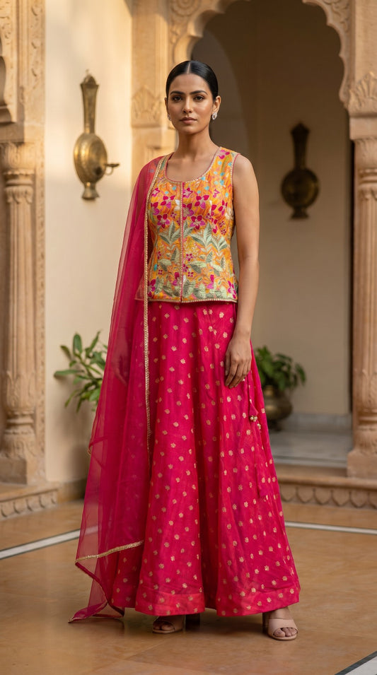 Pink Jacquard Silk Floral Embroidered Lehenga Set