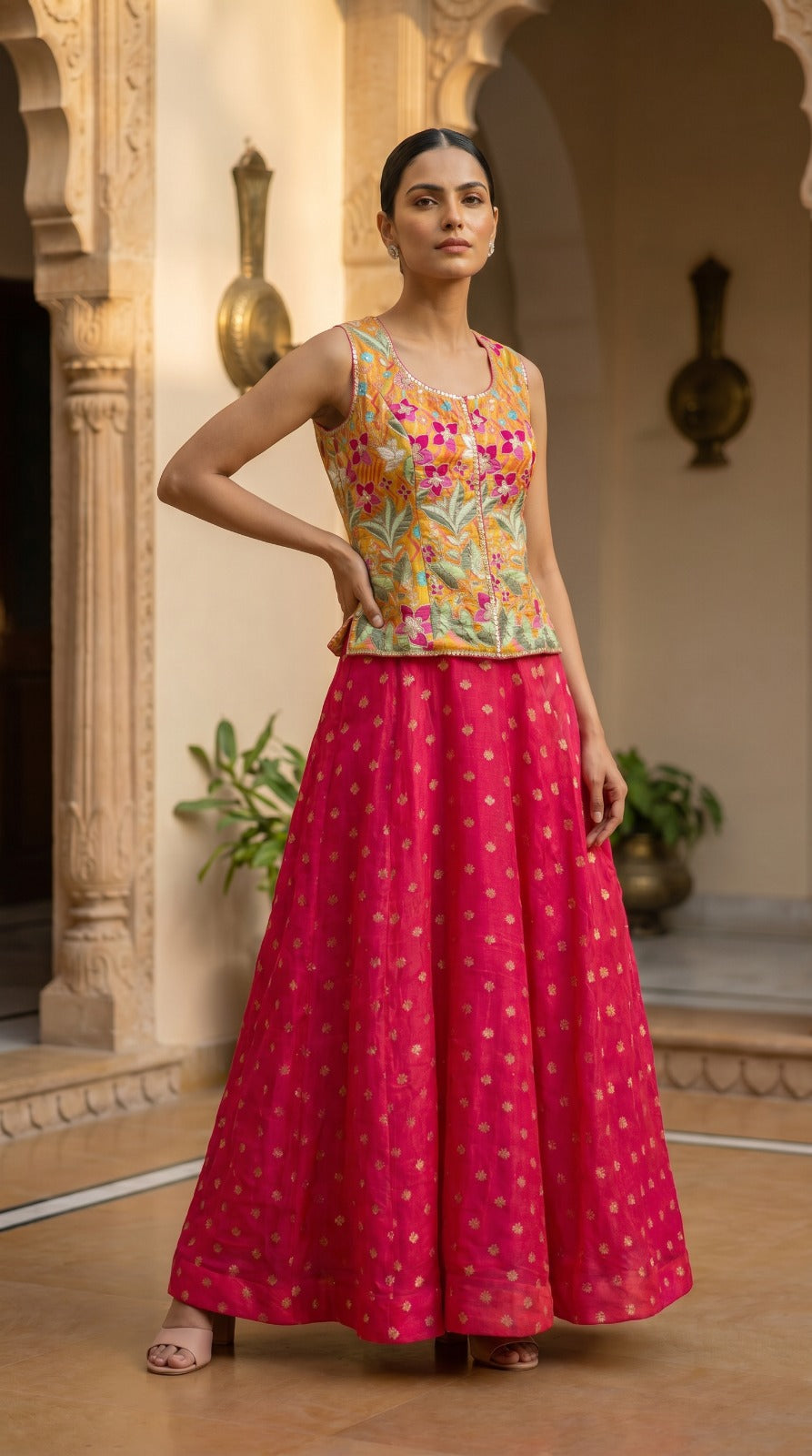 Pink Jacquard Silk Floral Embroidered Lehenga Set