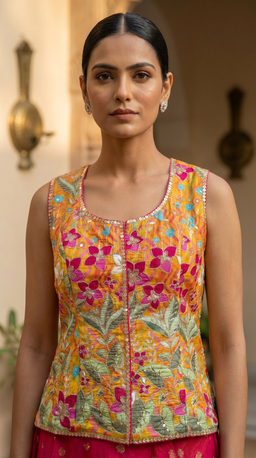 Pink Jacquard Silk Floral Embroidered Lehenga Set