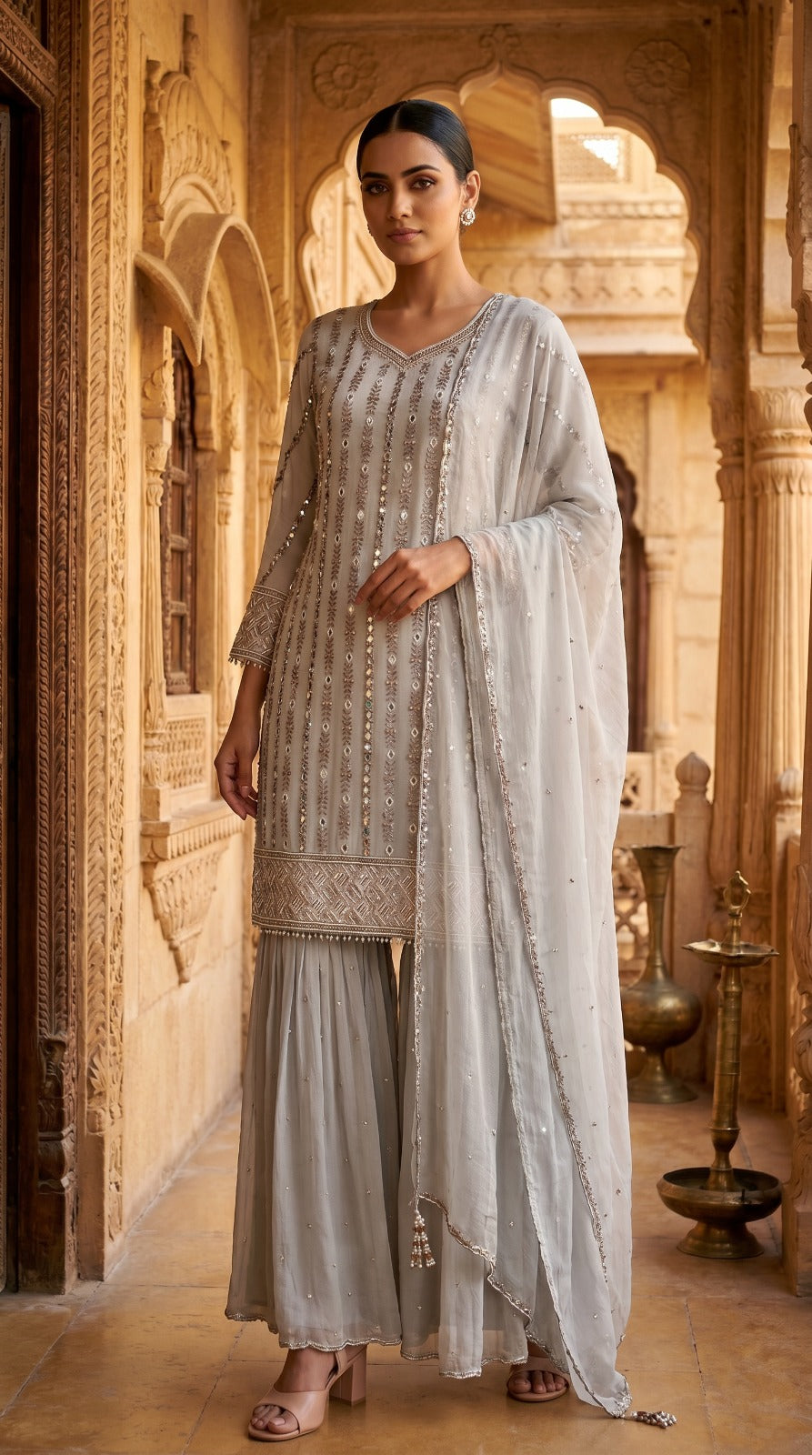 Silver Grey Chinon Chiffon Mirror Work Sharara Set