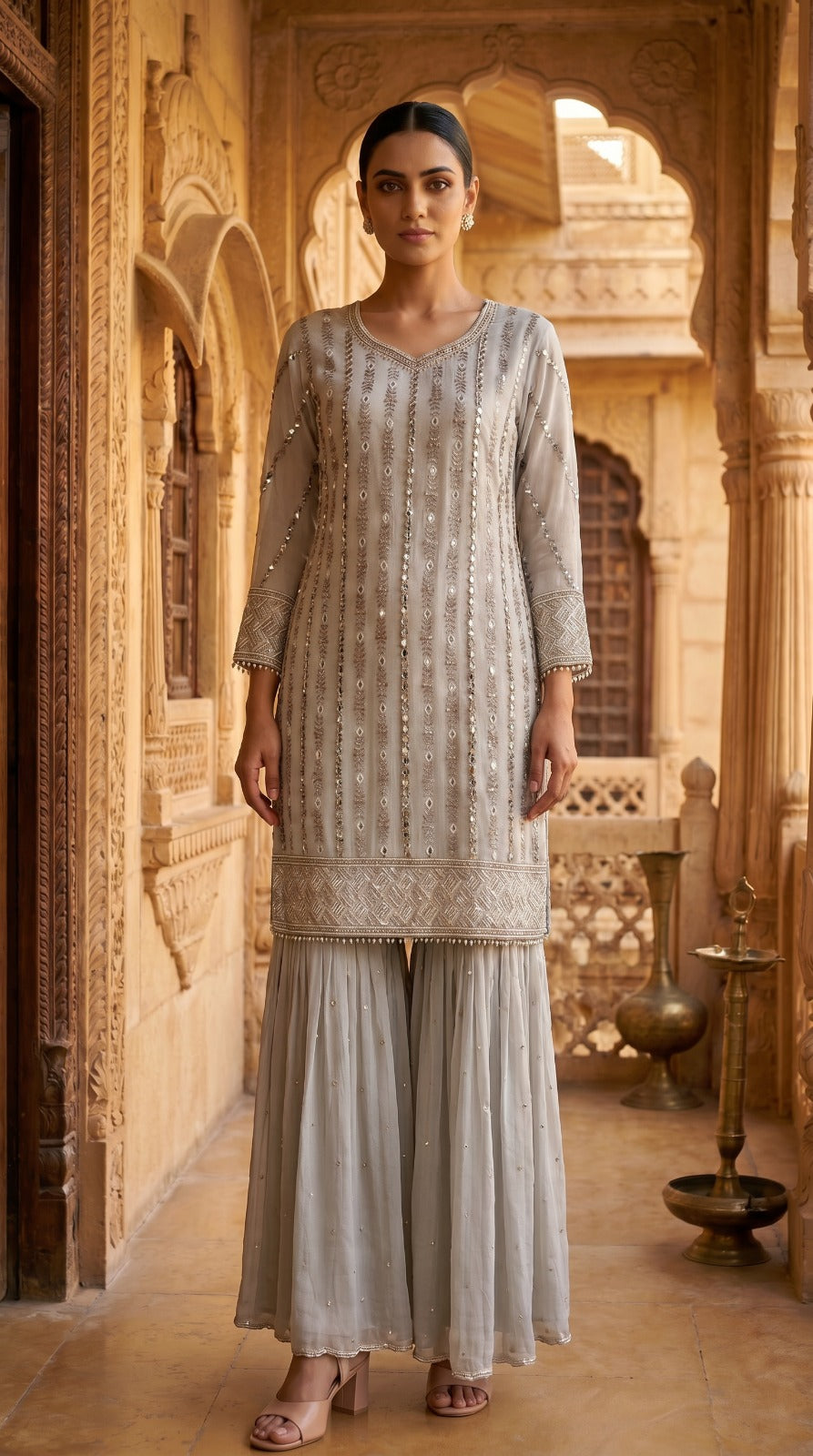 Silver Grey Chinon Chiffon Mirror Work Sharara Set