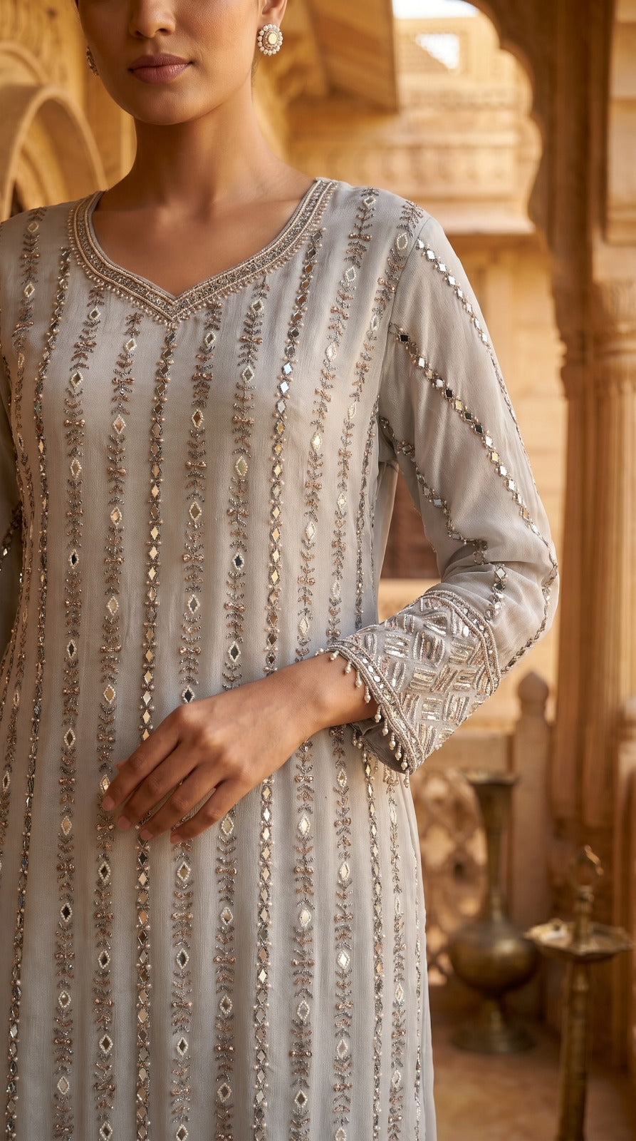 Silver Grey Chinon Chiffon Mirror Work Sharara Set