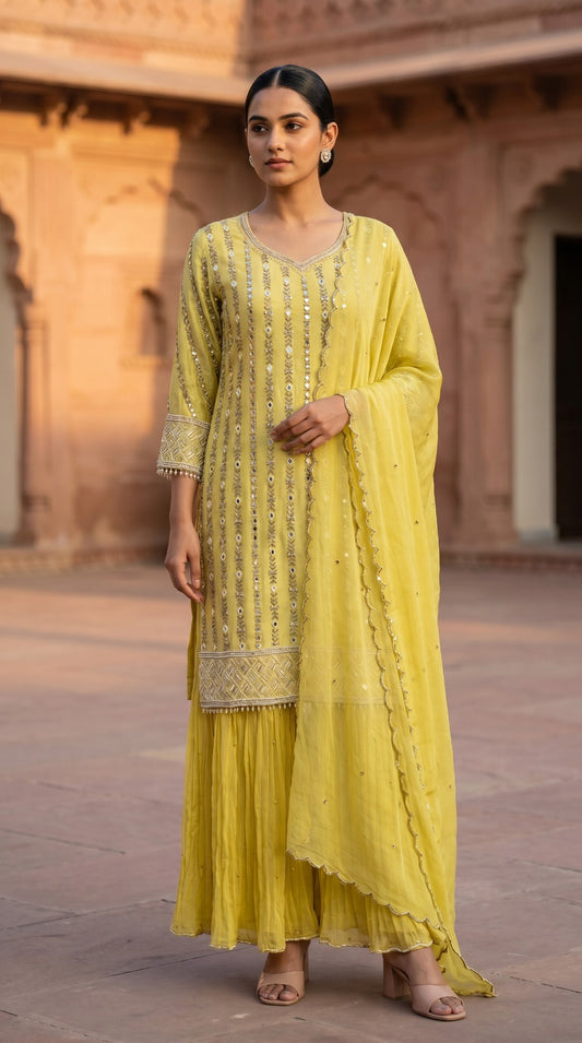 Lime Yellow Chinon Chiffon Mirror Work Sharara Set