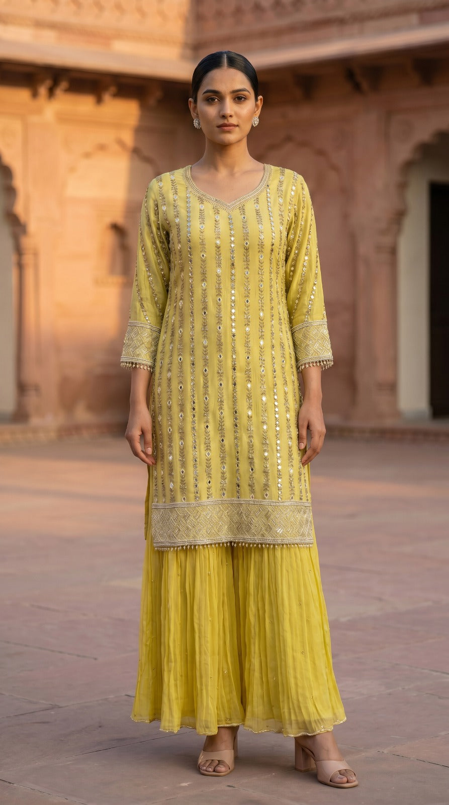 Lime Yellow Chinon Chiffon Mirror Work Sharara Set