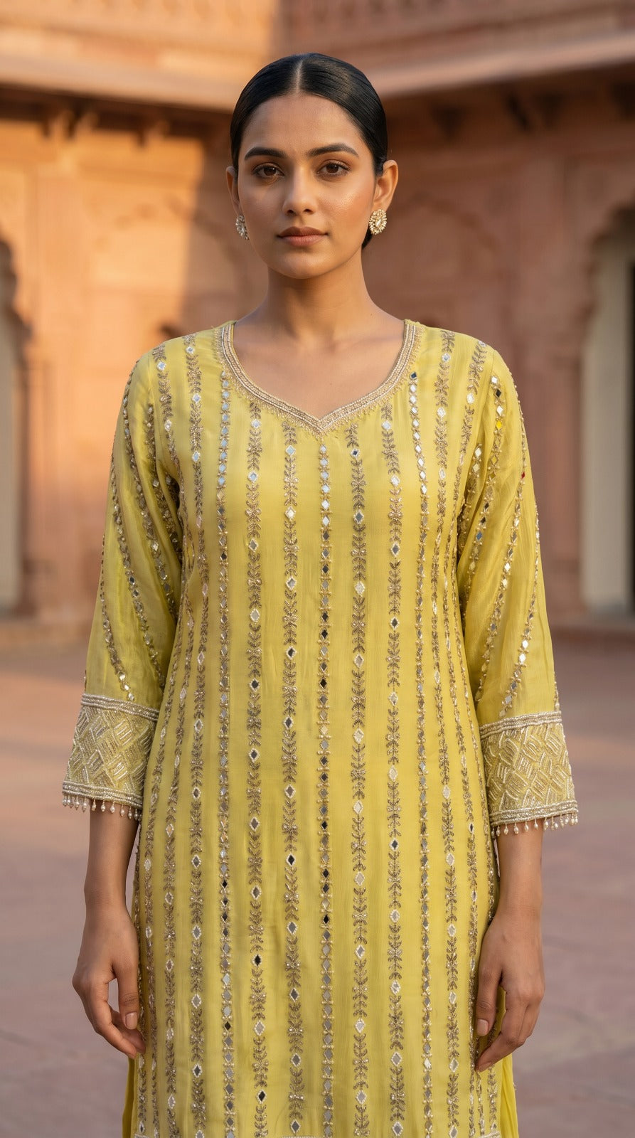 Lime Yellow Chinon Chiffon Mirror Work Sharara Set